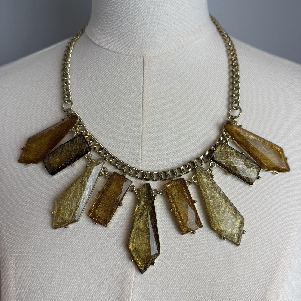 Gold Tone Statement Bib Necklace Faceted Resin Geometric Amber Bronze Chunky